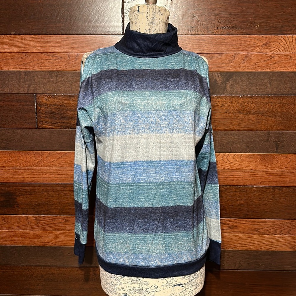 No Brand Tag Cold Shoulder Long Dolman Sleeve Blue Cowl Turtleneck Top